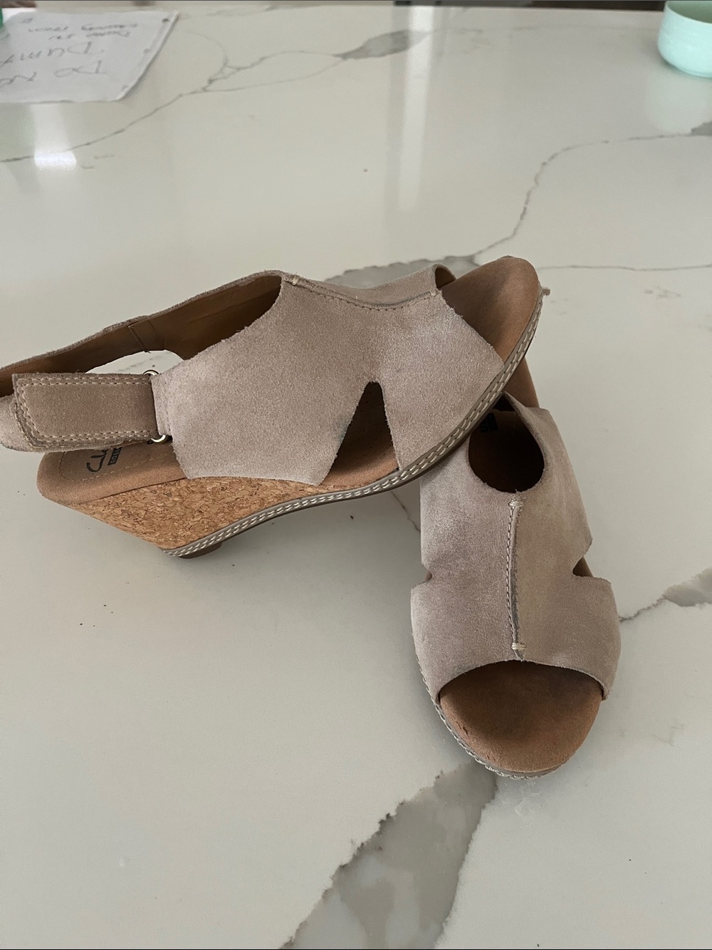 Clarks Beige Suede Slingback Cork Wedges